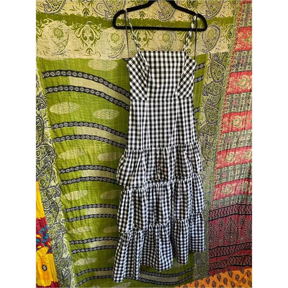 J. Crew Black/ White Gingham Tiered Poplin Coastal Maxi Farmhouse Dress Size 00